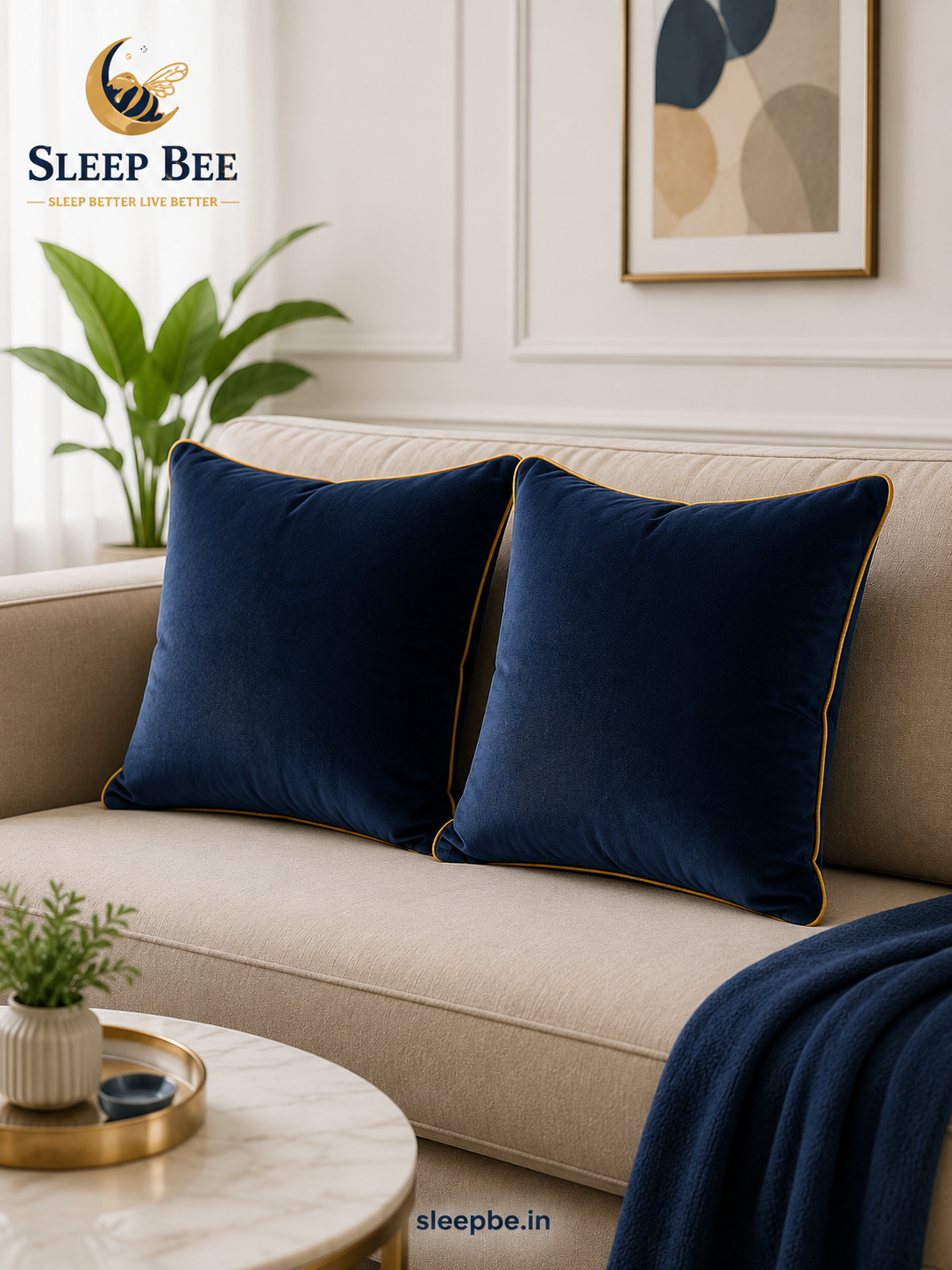 Premium navy velvet sofa cushions with gold piping in Bangalore — Sleep Bee