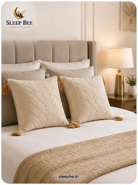Cream textured leaf pattern bed cushions with gold tassel in Bangalore — Sleep Bee