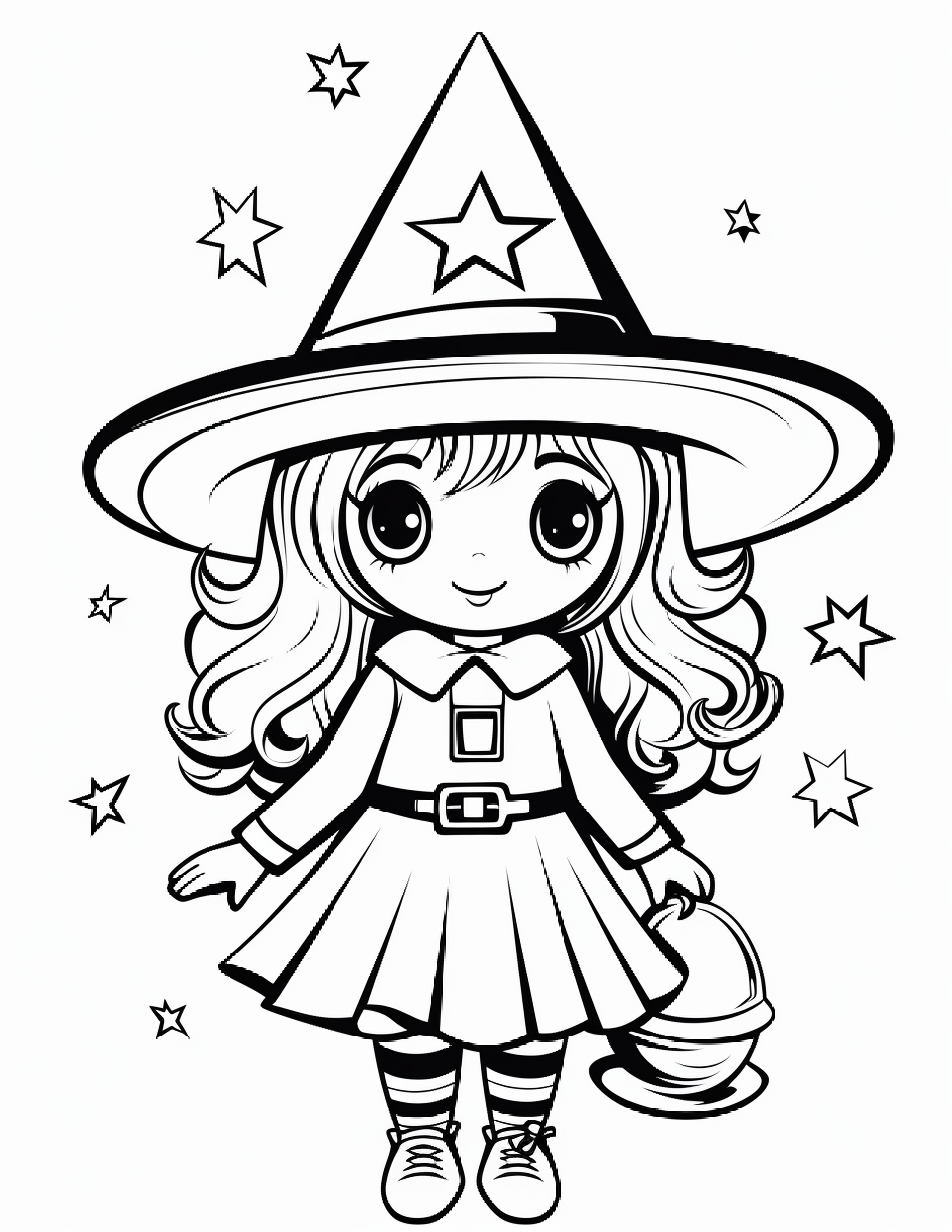 Bruxa kawaii com estrelas para colorir