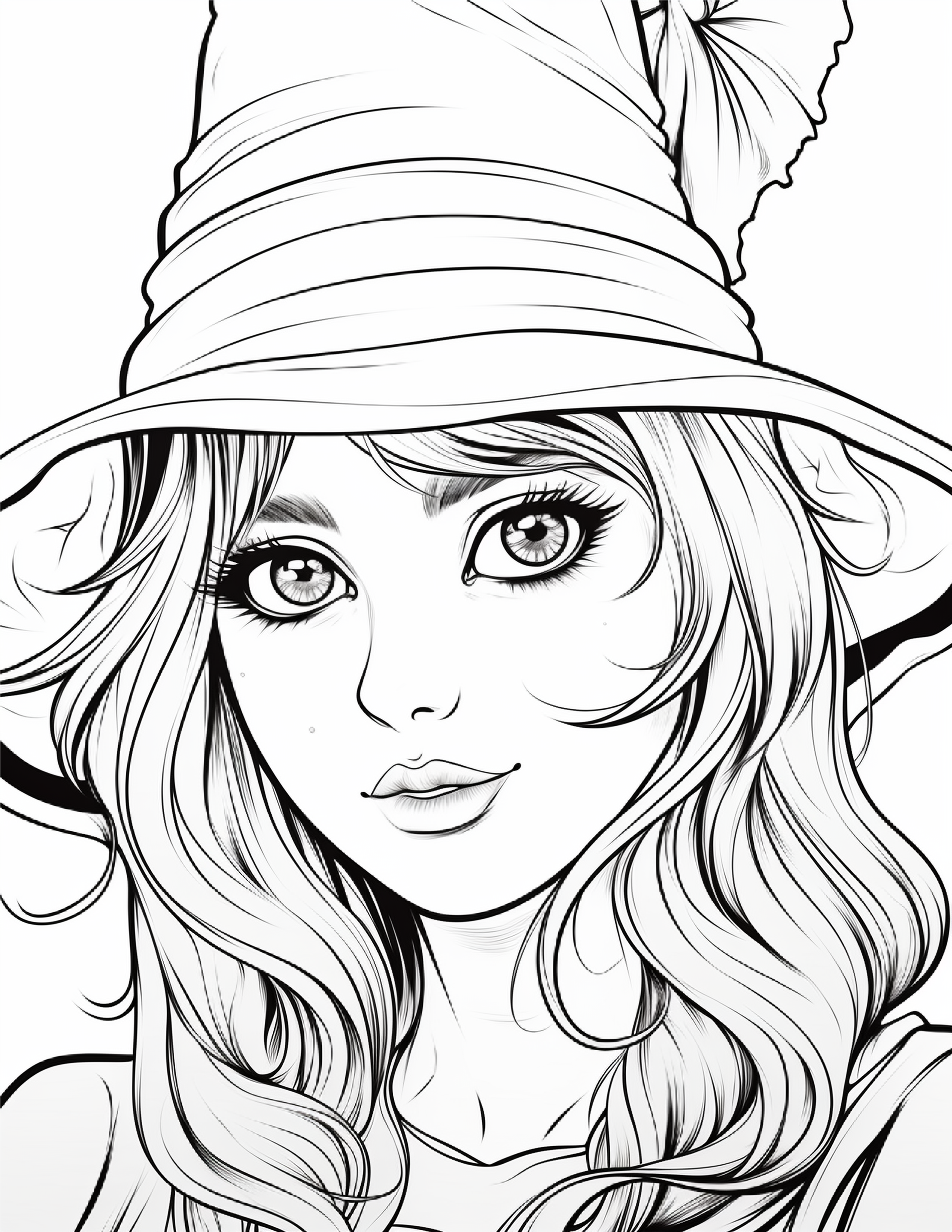 Garota anime com chapéu de bruxa para colorir