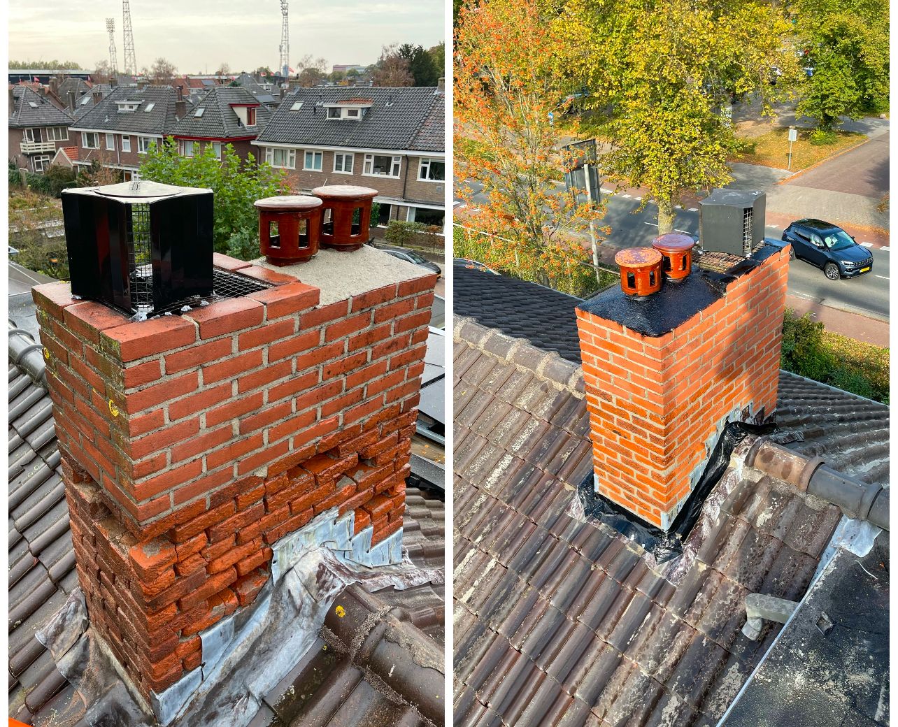 Schoorstenen voor en na — complete renovatie rode bakstenen schoorsteen