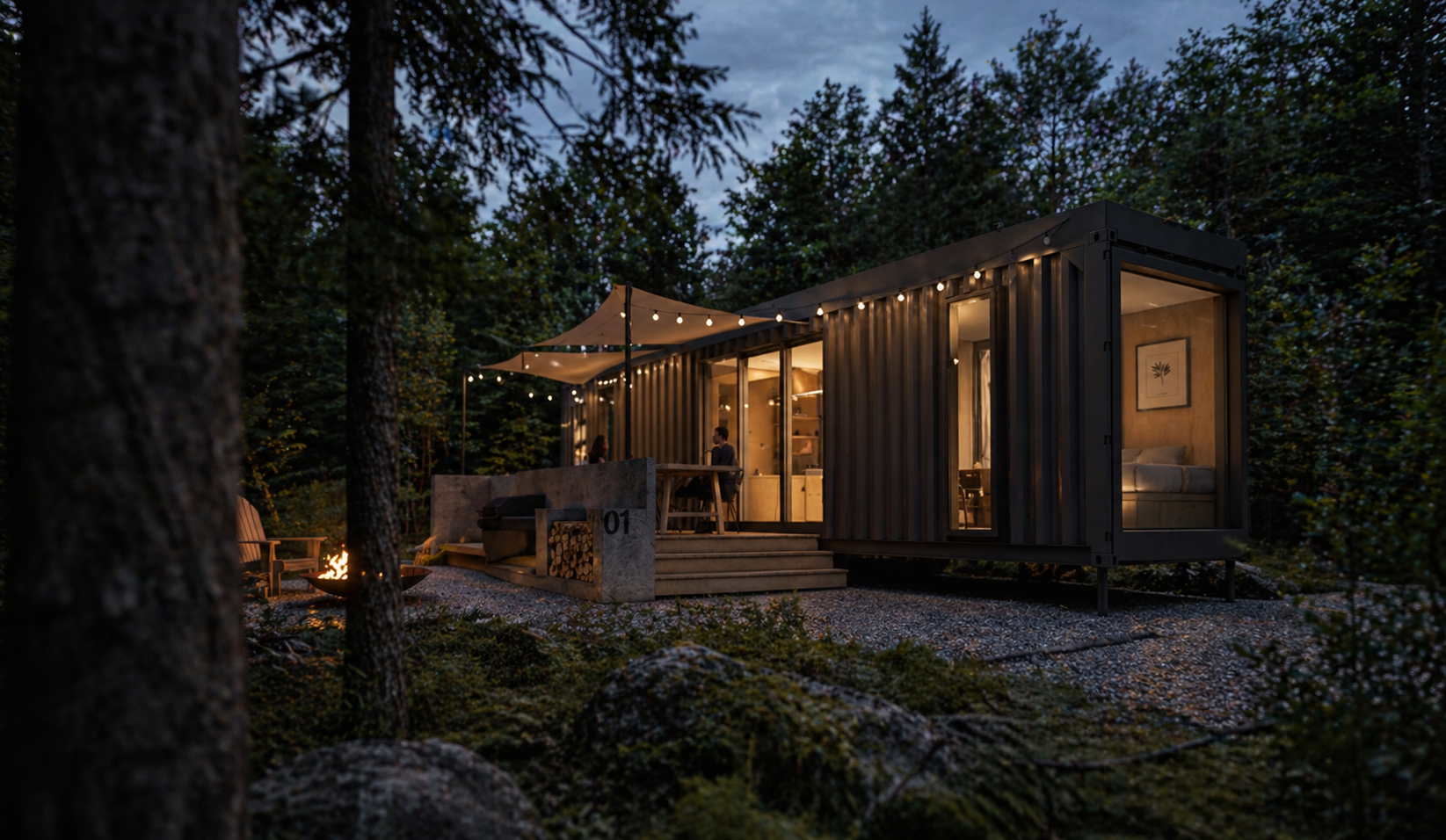Vue extérieure au crépuscule avec pergola illuminée