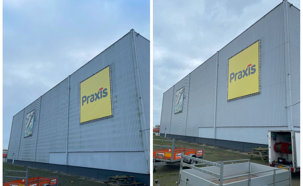 Commerciële gevelrenovatie Praxis — voor en na reiniging staalplaat gevel