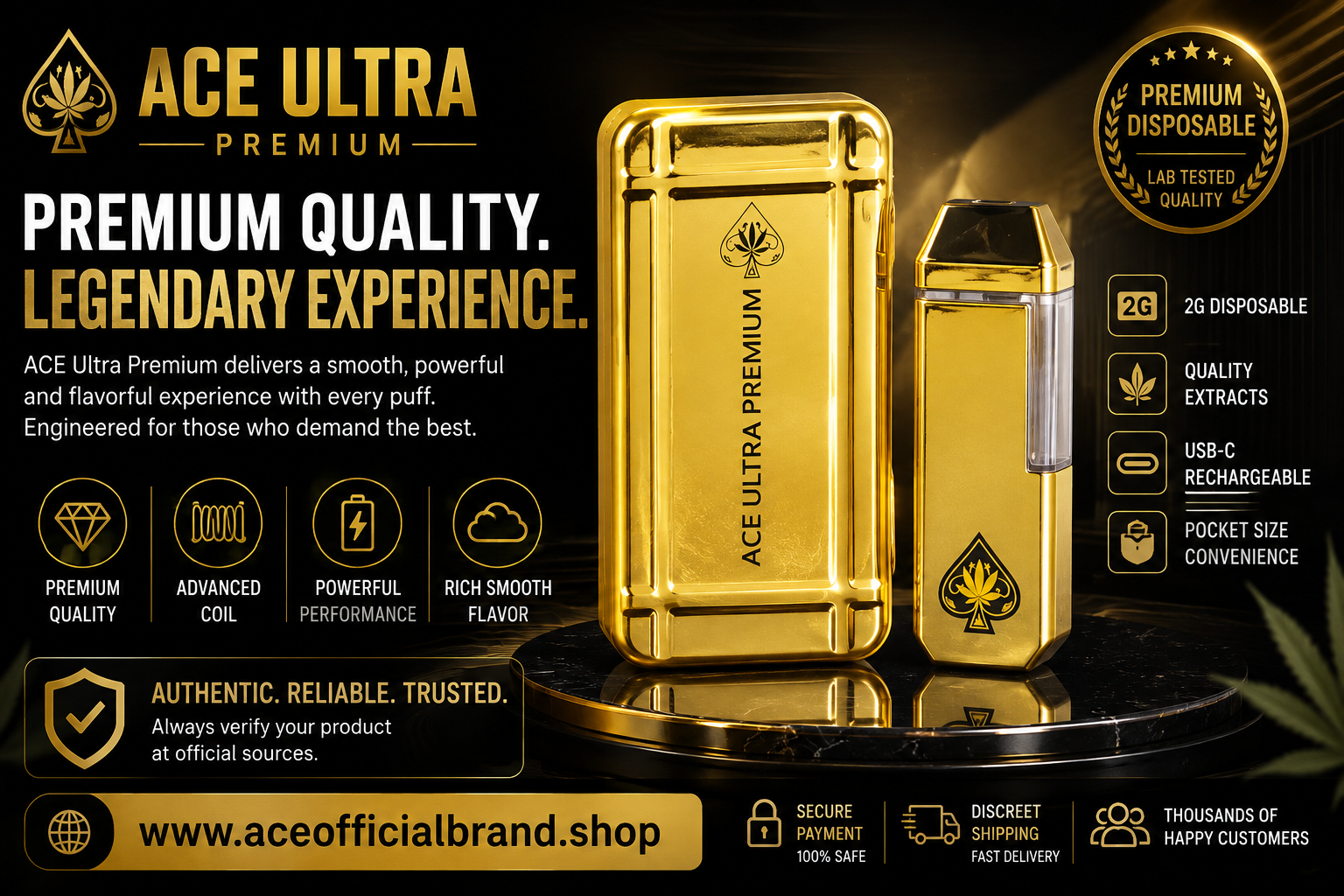 ACE Ultra Premium gold device and packaging showing product information areas
