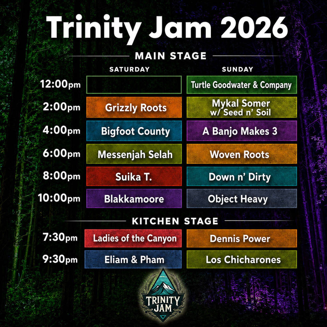 Trinity Jam 2026 Schedule - Main Stage and Kitchen Stage