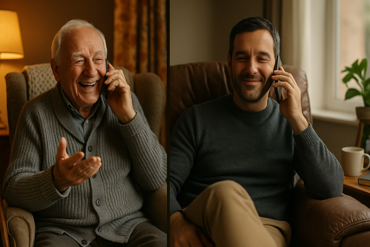 An older father and his adult son smiling as they speak on the phone from their homes