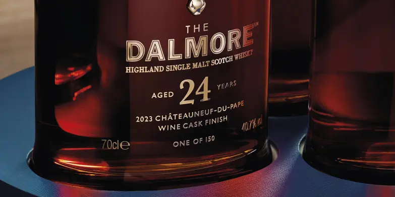 Close-up of The Dalmore 24 Years — 2023 Châteauneuf-du-Pape Wine Cask Finish label, One of 150