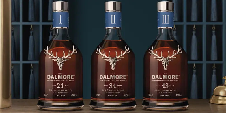 Three Dalmore Châteauneuf-du-Pape Wine Cask bottles — 24, 34 and 43 years aged
