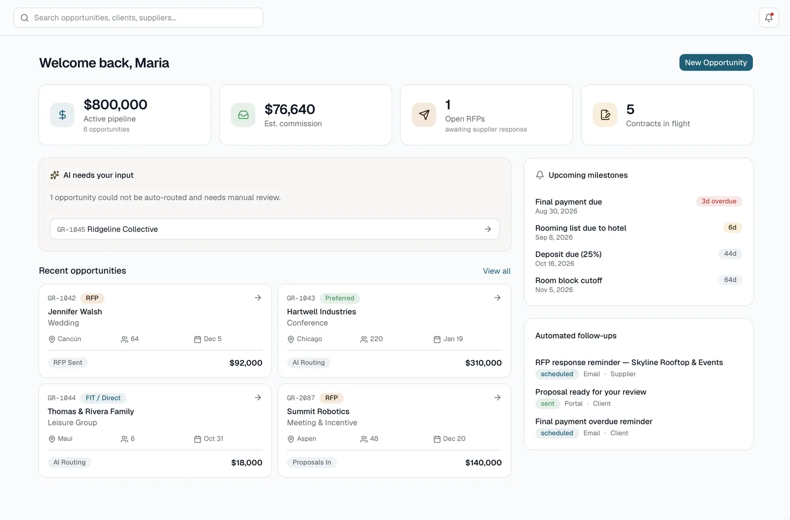 Groupr dashboard showing active pipeline, open RFPs, contracts in flight, recent group opportunities and upcoming milestones.