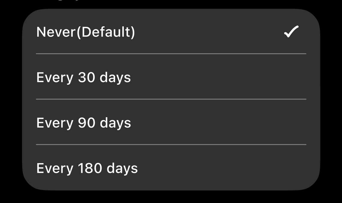 Data purge schedule options: Never (Default) selected, Every 30 days, Every 90 days, Every 180 days
