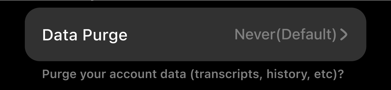 Data Purge row showing Never (Default) selected with a chevron to access options