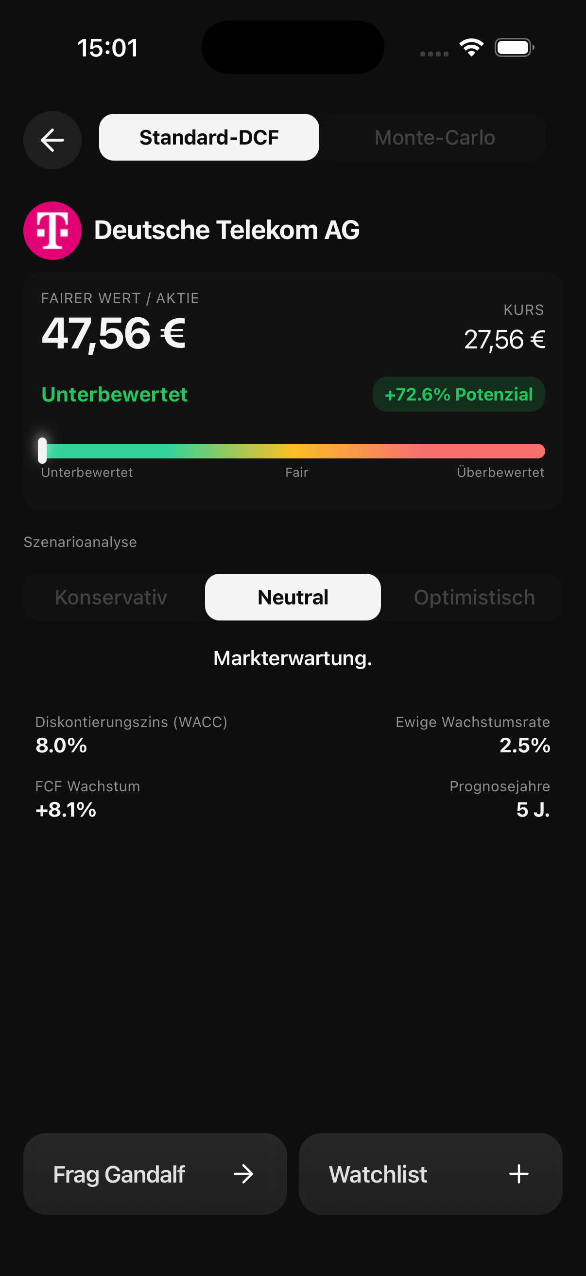 VinciFi DCF valuation calculator showing Deutsche Telekom with fair value analysis and scenario modeling