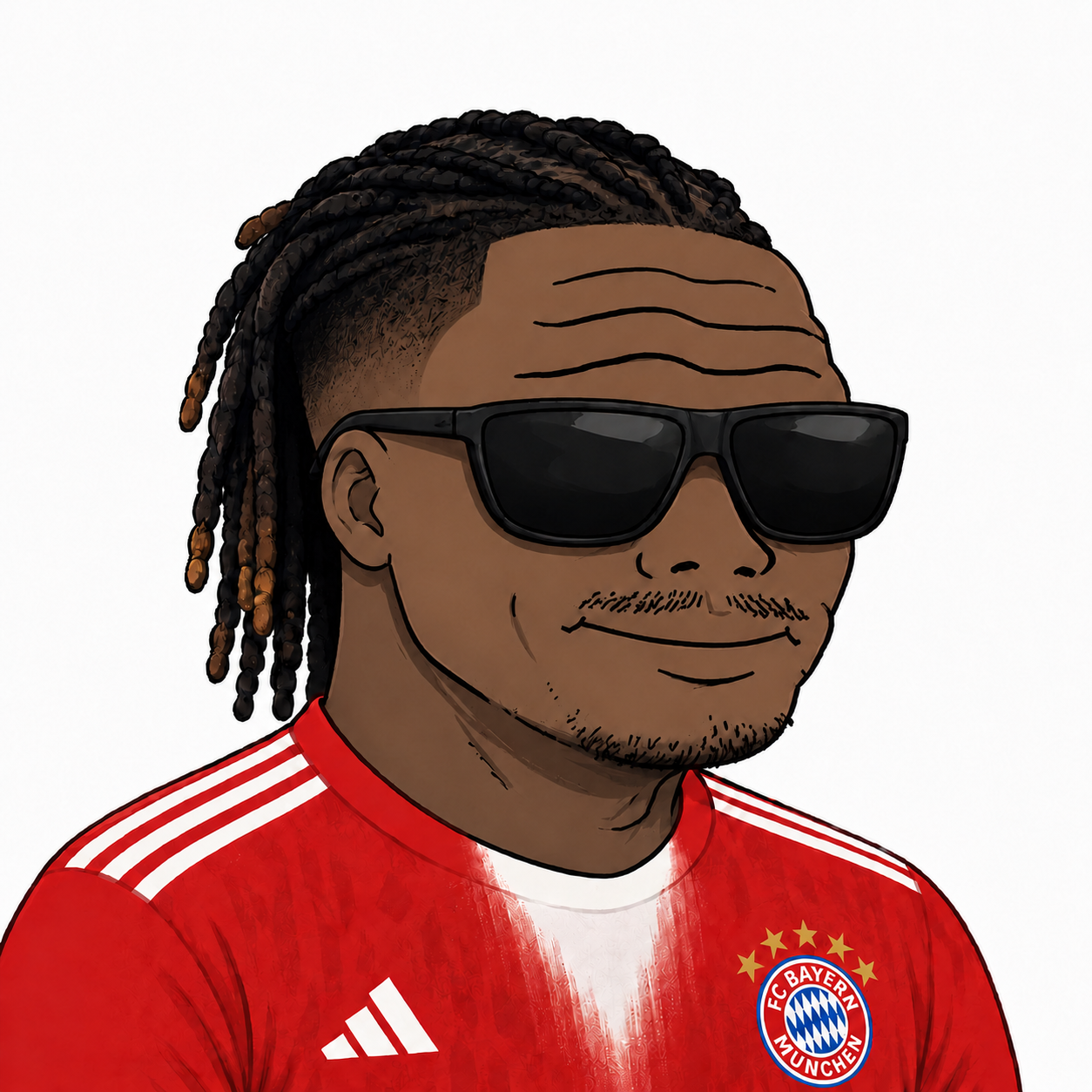 Michael Olisunc portrait — Bayern kit, shades, calm world-class face