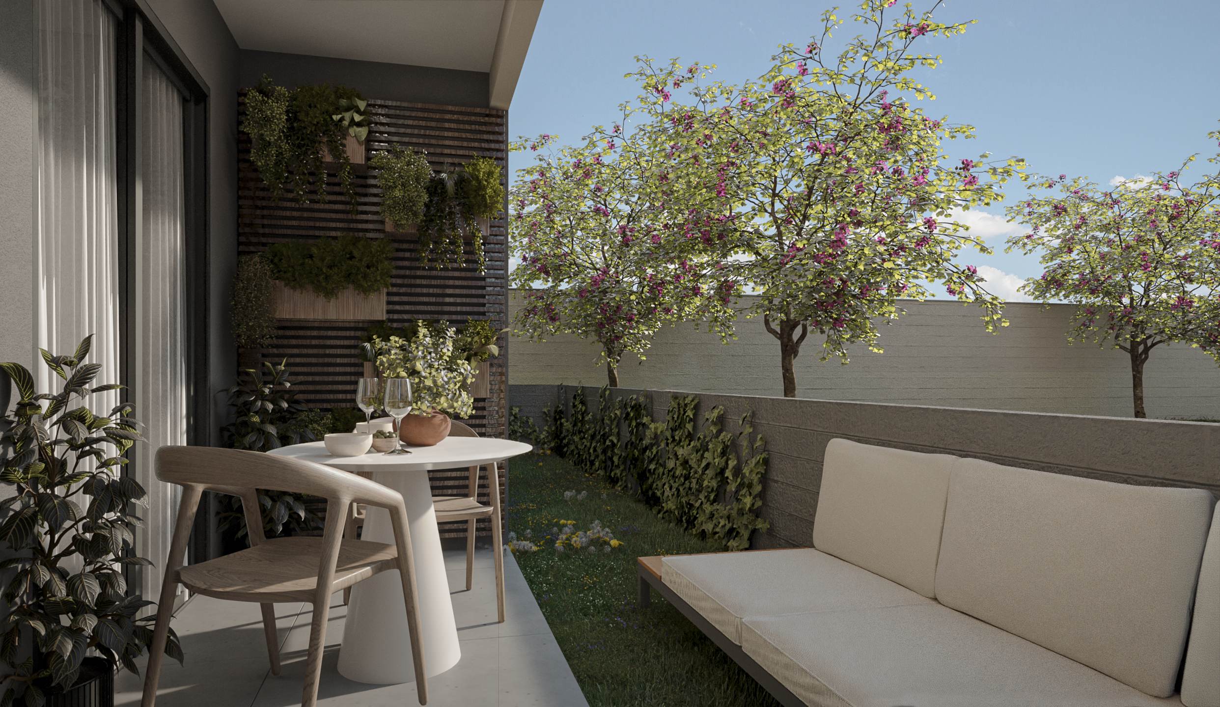 Garden privativo do apartamento térreo com área verde