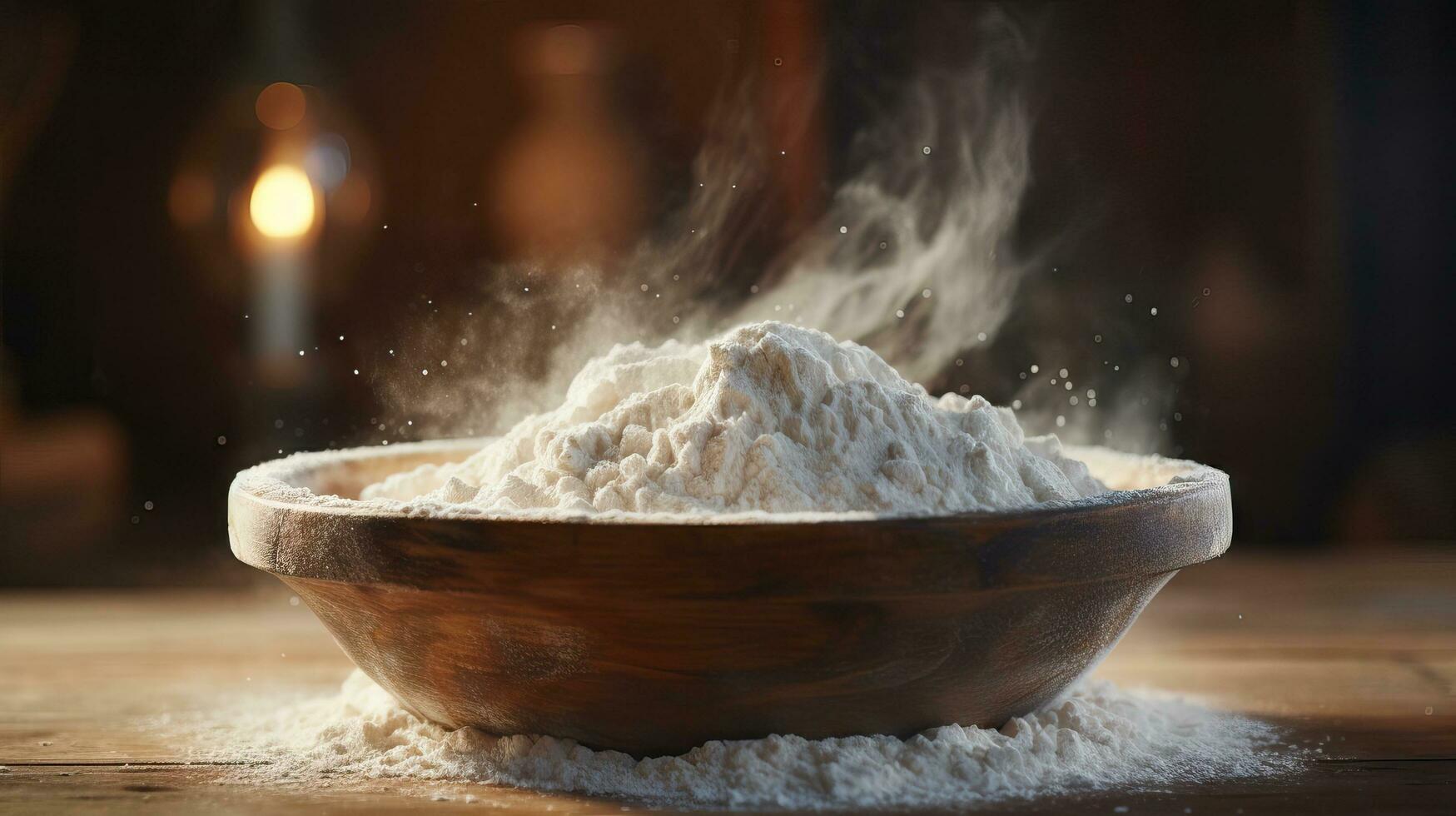 Flour in a wooden bowl with steam rising