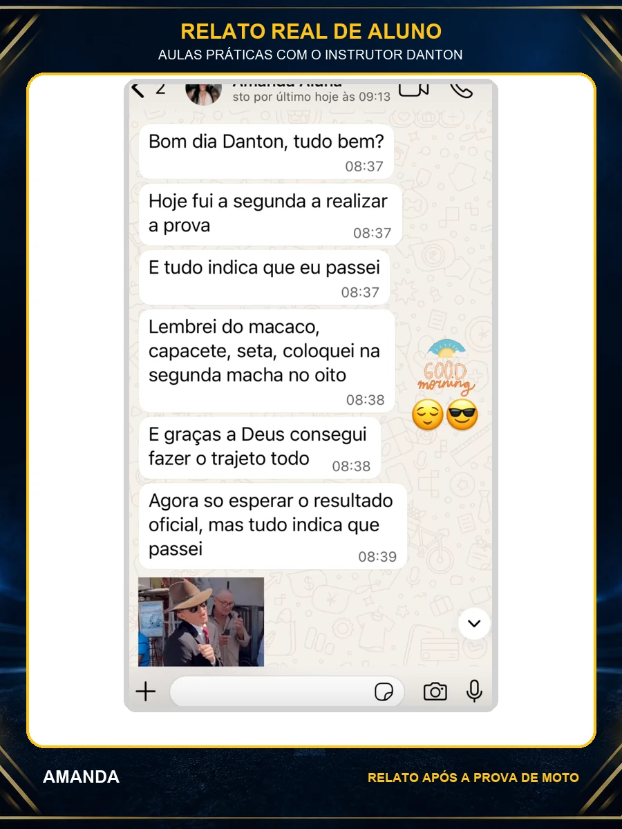 Relato da aluna Amanda logo após a prova de moto com o instrutor Danton