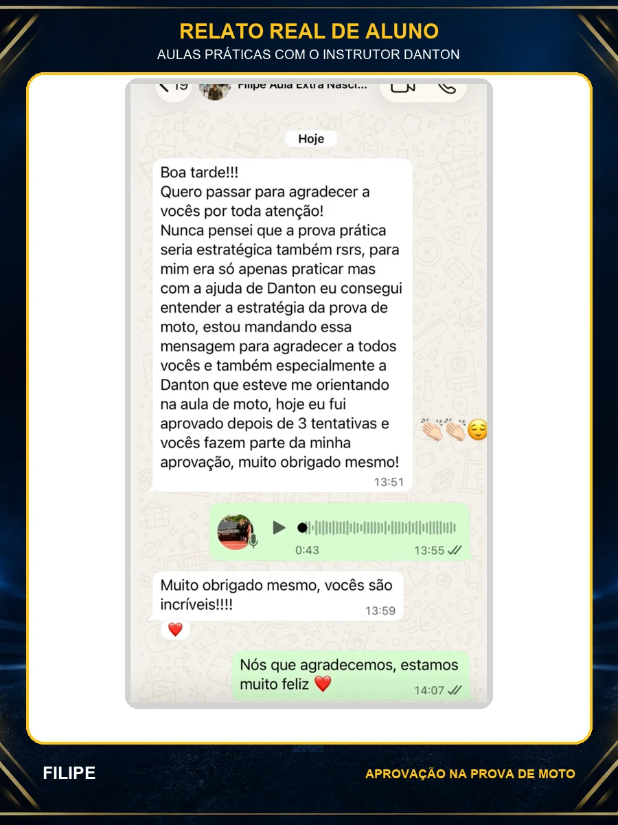 Relato de aprovação do aluno Filipe após aulas práticas com o instrutor Danton