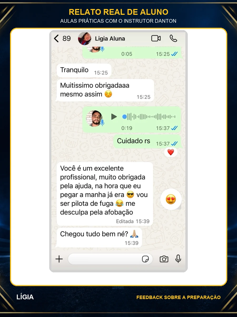 Feedback da aluna Lígia sobre a preparação prática com o instrutor Danton