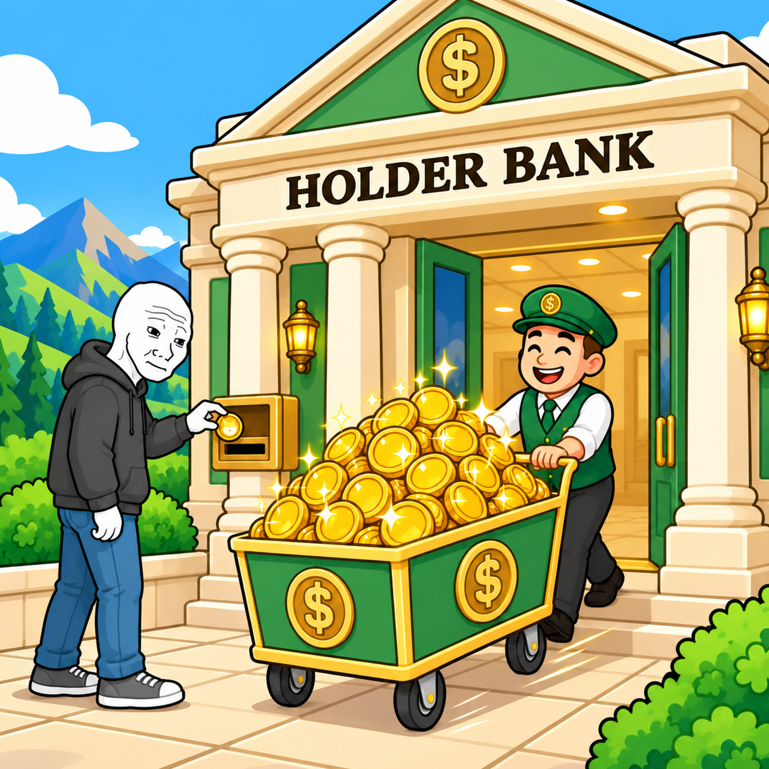 Wojak deposits a coin outside Holder Bank while a smiling banker pushes a cart full of gold coins