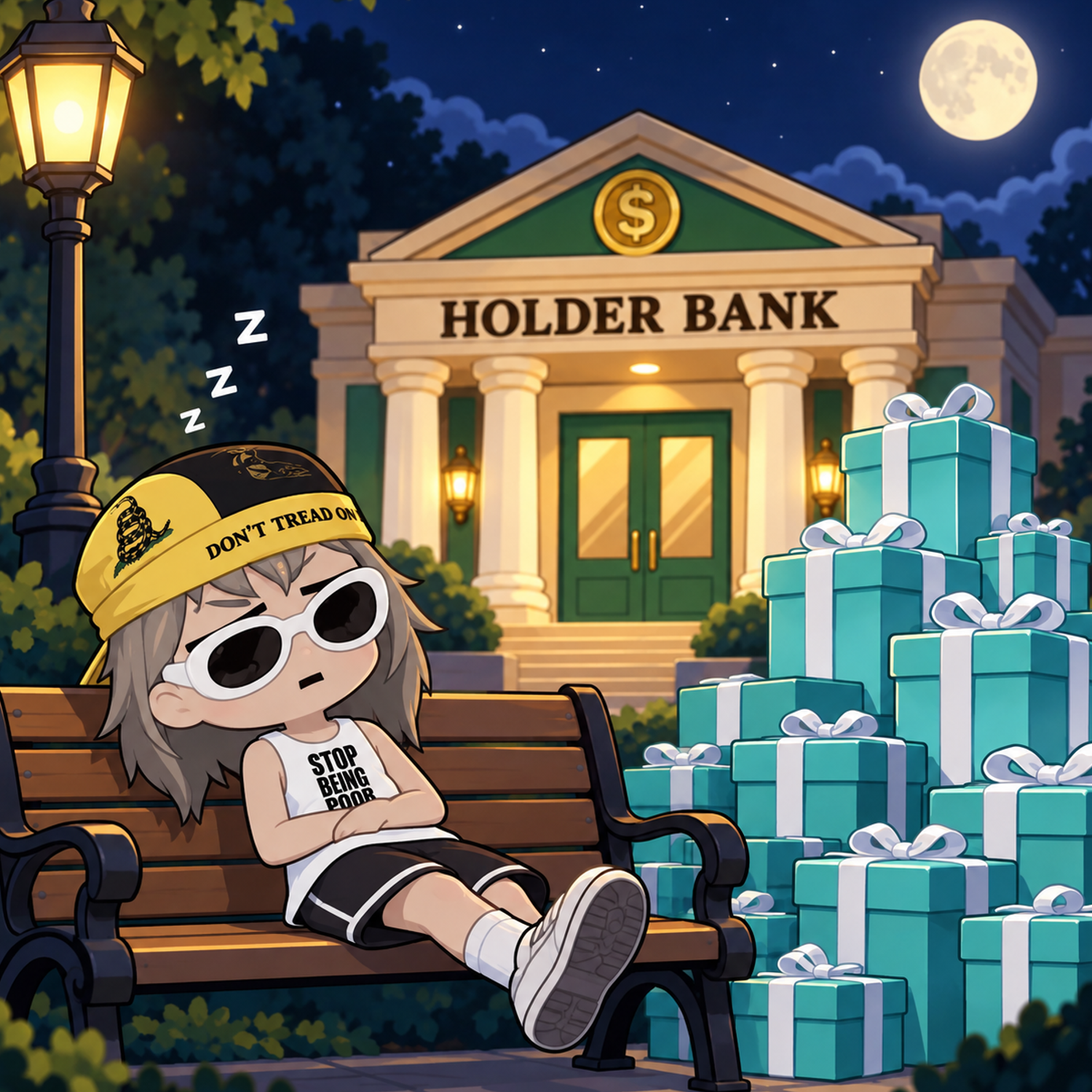 A character in sunglasses sleeps on a bench beside a stack of turquoise gifts outside Holder Bank at night