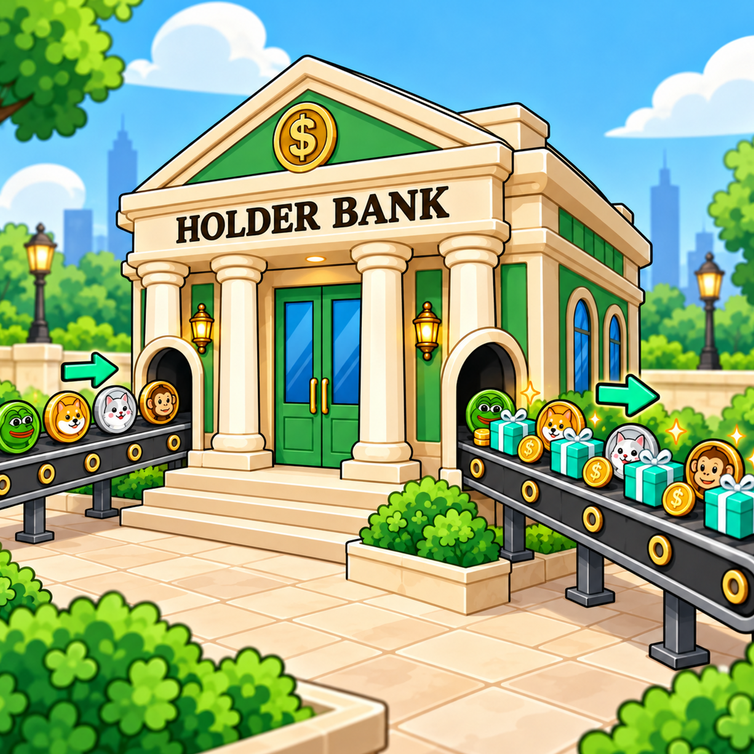 Conveyor belts carry frog, dog, cat and monkey meme coins through Holder Bank, alongside gold coins and turquoise gifts