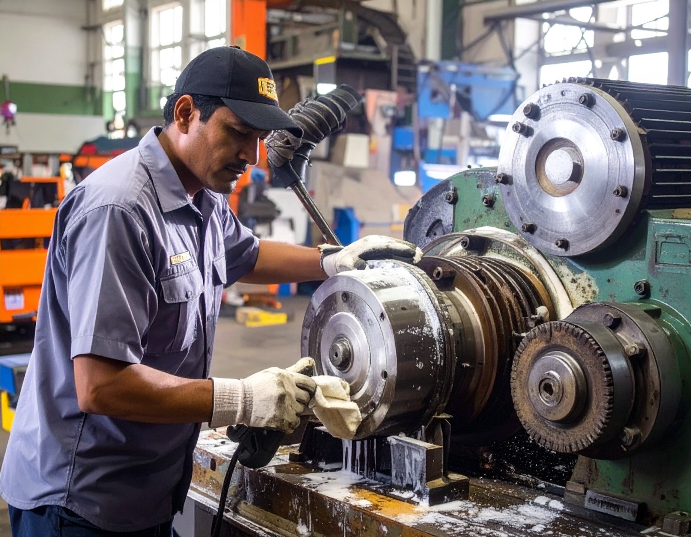 Trabajador limpiando maquinaria industrial con desengrasante