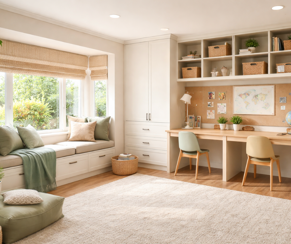 Bright, organized homeschool room with a window seat, built-in desk with two chairs, shelving with baskets, and a cork board