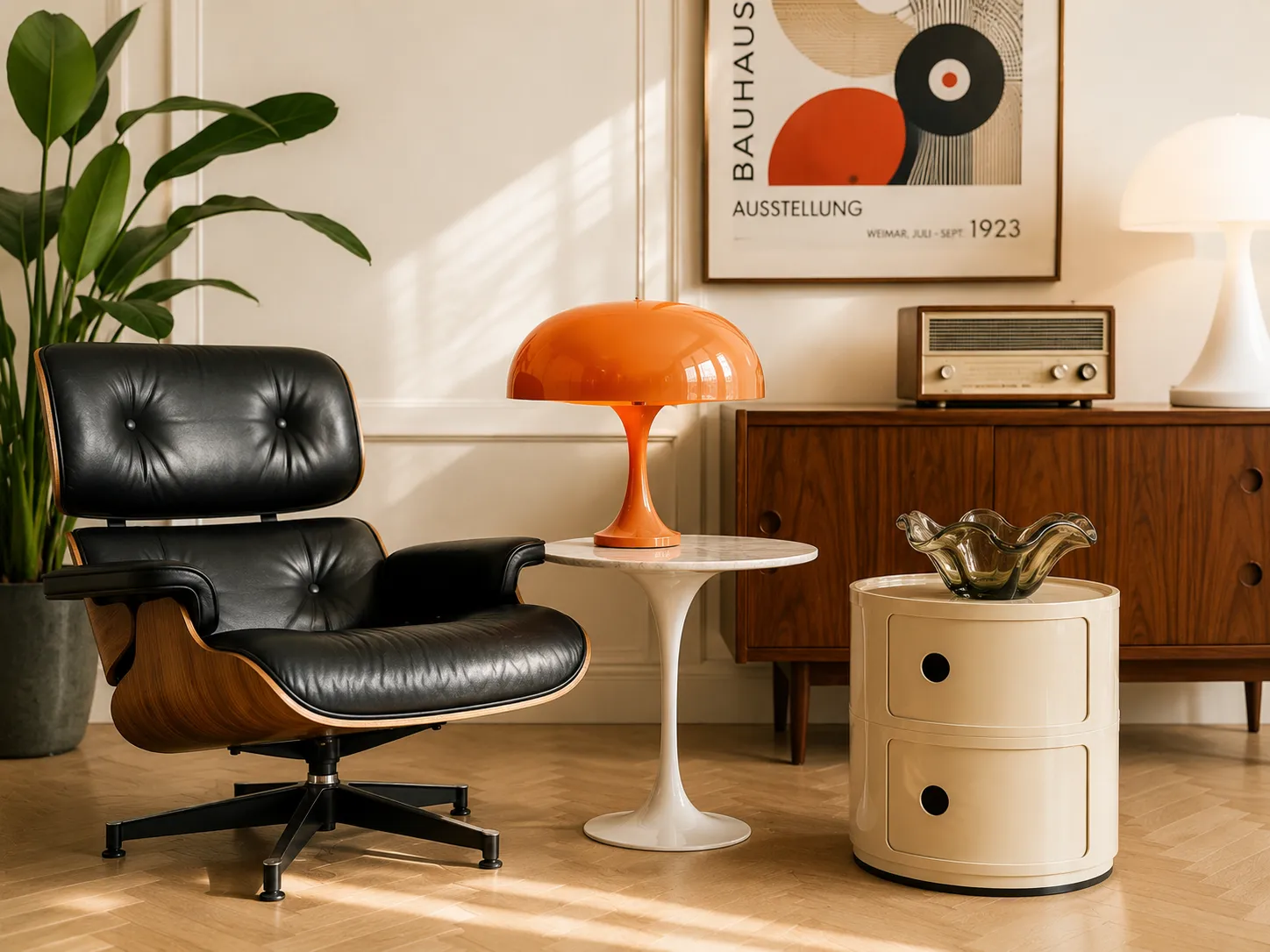 Fauteuil Eames, lampe Panthella et buffet scandinave des années 60–70