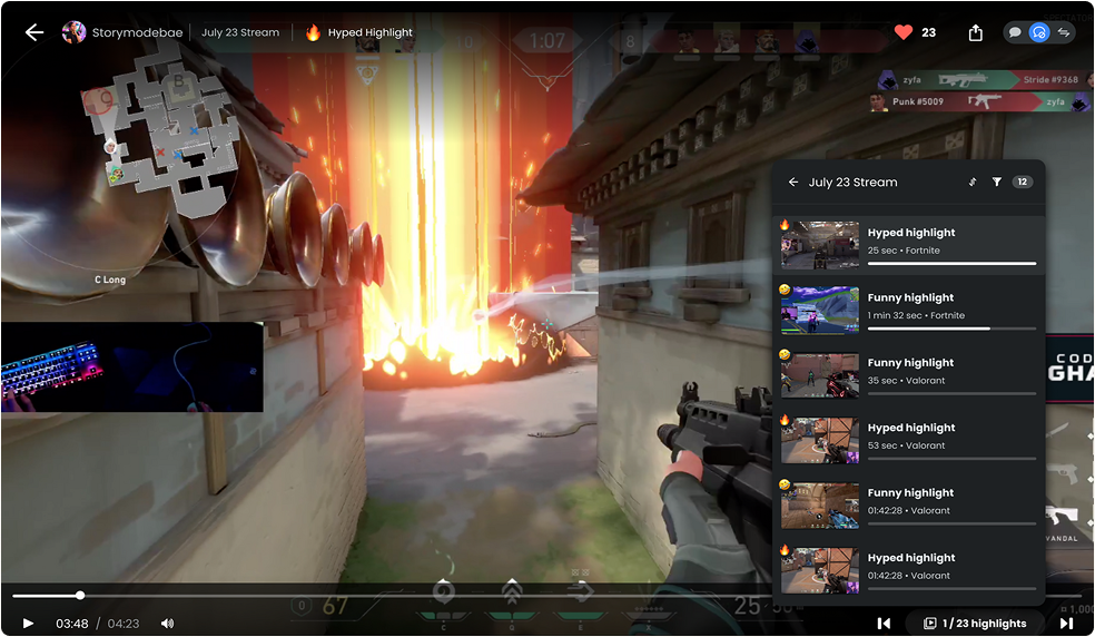 Desktop view of stream player with highlights sidebar showing Hyped and Funny highlights from July 23 Stream