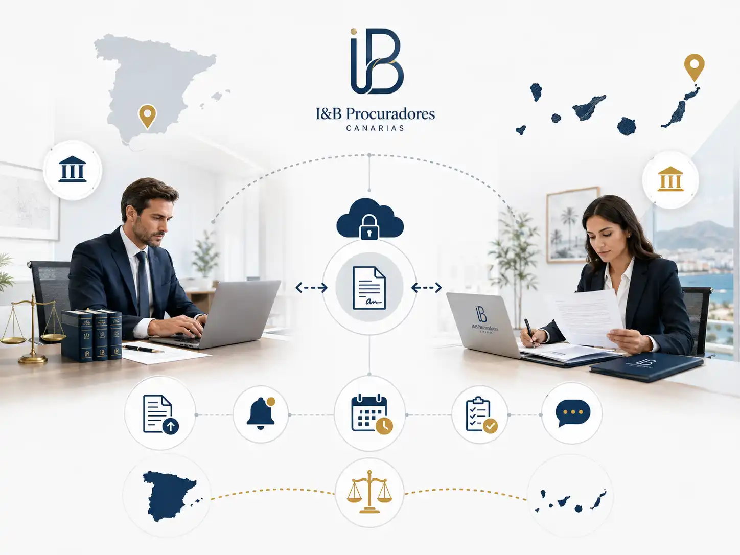 Ingrid Suárez procuradora Las Palmas de Gran Canaria y equipo jurídico coordinando documentación, notificaciones y plazos entre península y Canarias.