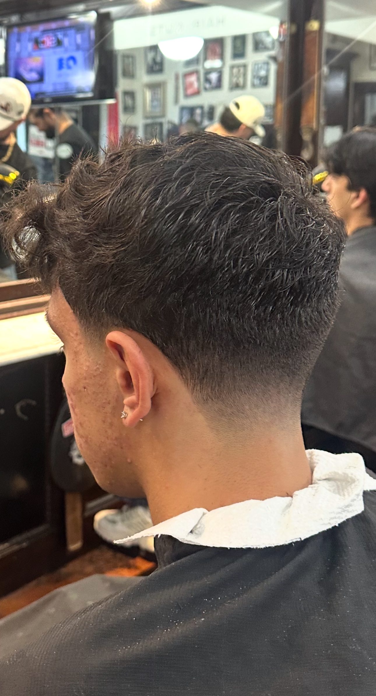 Textured curly top with low fade - back view showing expert blending