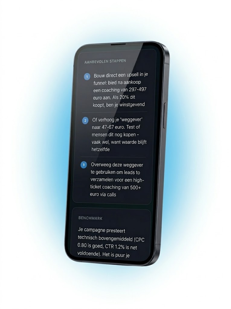 Screenshot campagnediagnose met aanbevolen stappen en benchmark
