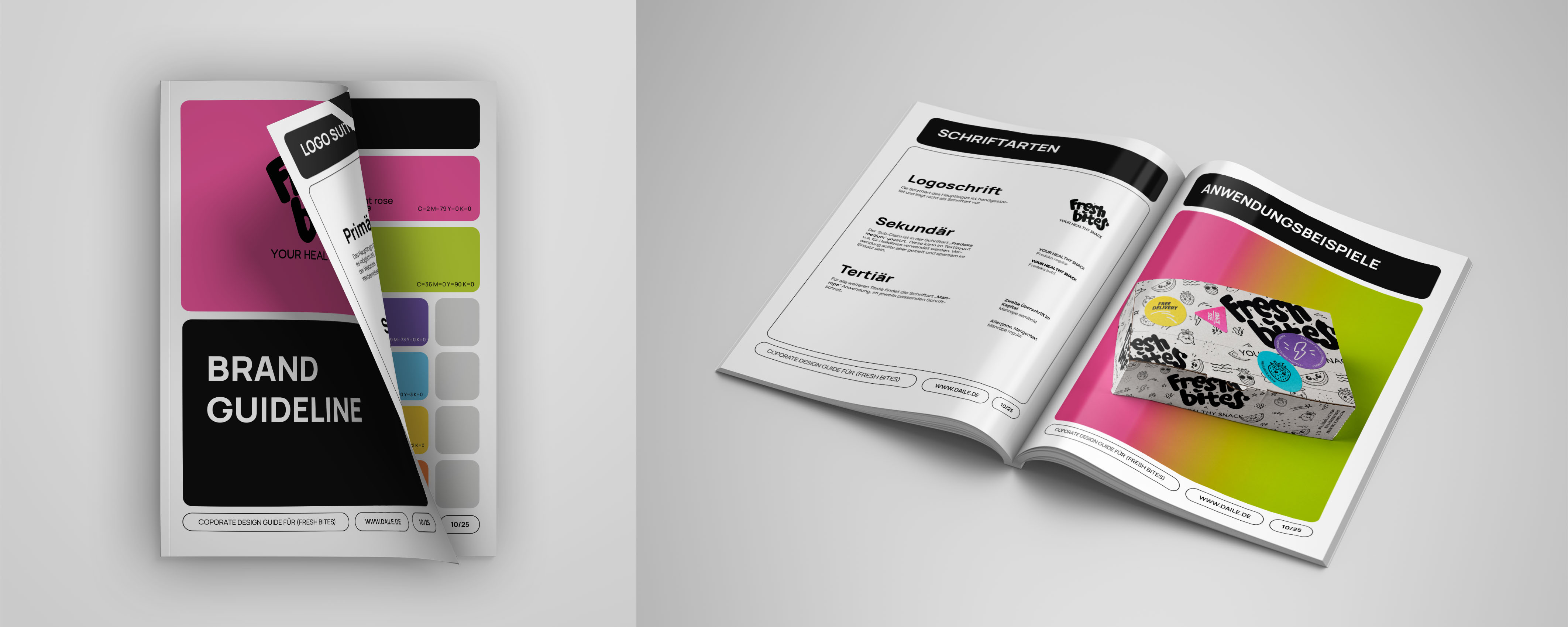 Aufgeschlagener Fresh Bites Brandguide mit Farbwelt, Logo und Anwendungsbeispielen