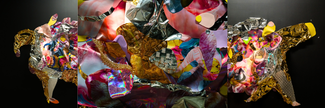 Mixed-media collage with metallic gold and silver sculptural forms covered in vibrant overlaid patterns and bold neon colors