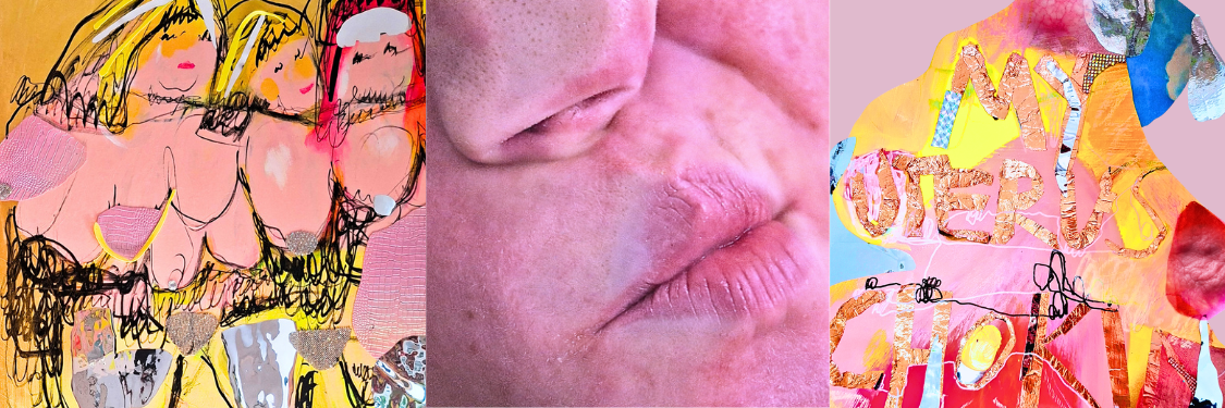 Mixed-media triptych combining illustration, photography and graphic design with sketched figures, pink lips close-up, and bold text reading Open Mouths in vibrant colors