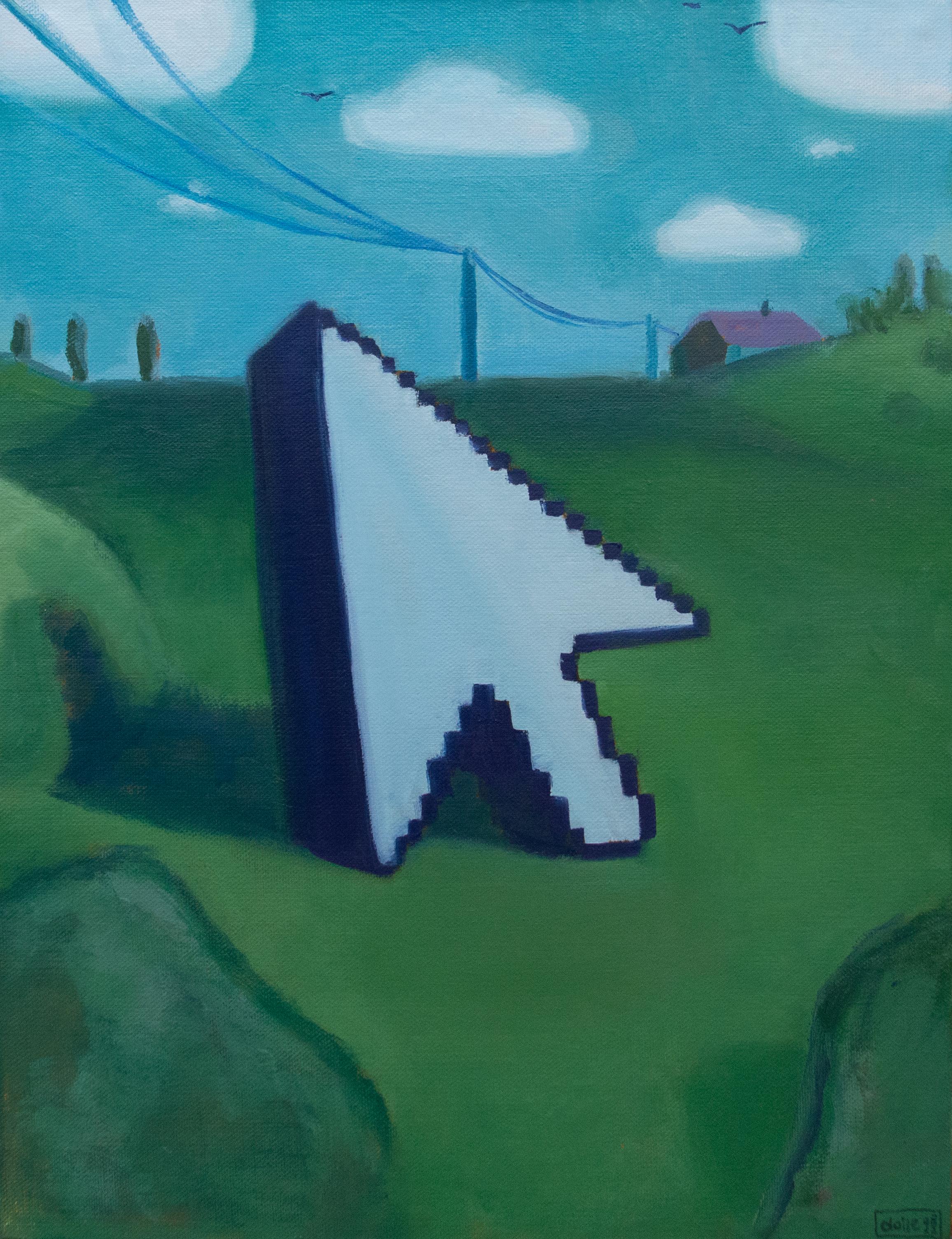 Pixelartige weiße Form in einer grünen Landschaft unter blauem Himmel