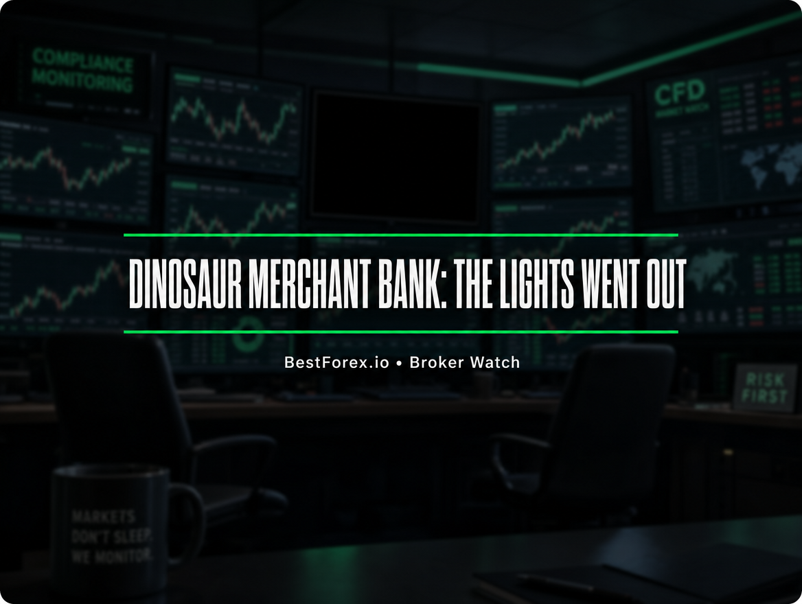 CFD compliance monitoring room with one dark screen — Dinosaur Merchant Bank FCA enforcement. BestForex.io Broker Watch.