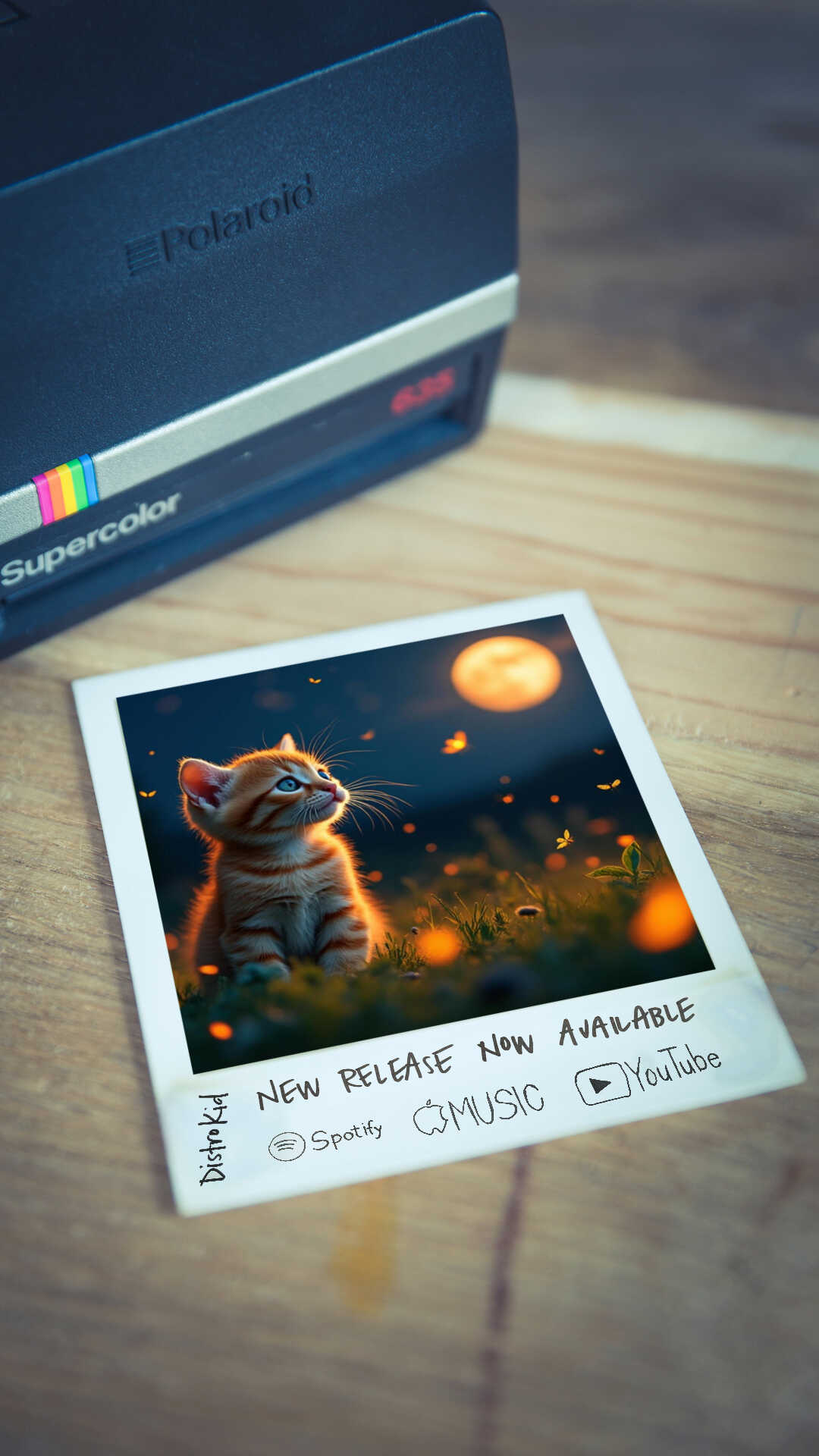 Promotional Polaroid photo showing a cat in a magical nighttime setting with fireflies