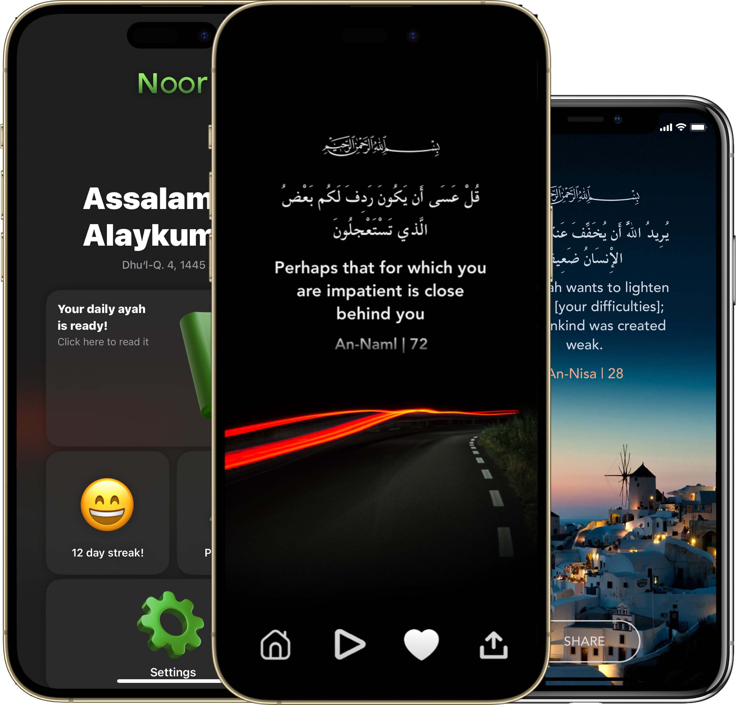 Three iPhone mockups showing different screens of the Noor app