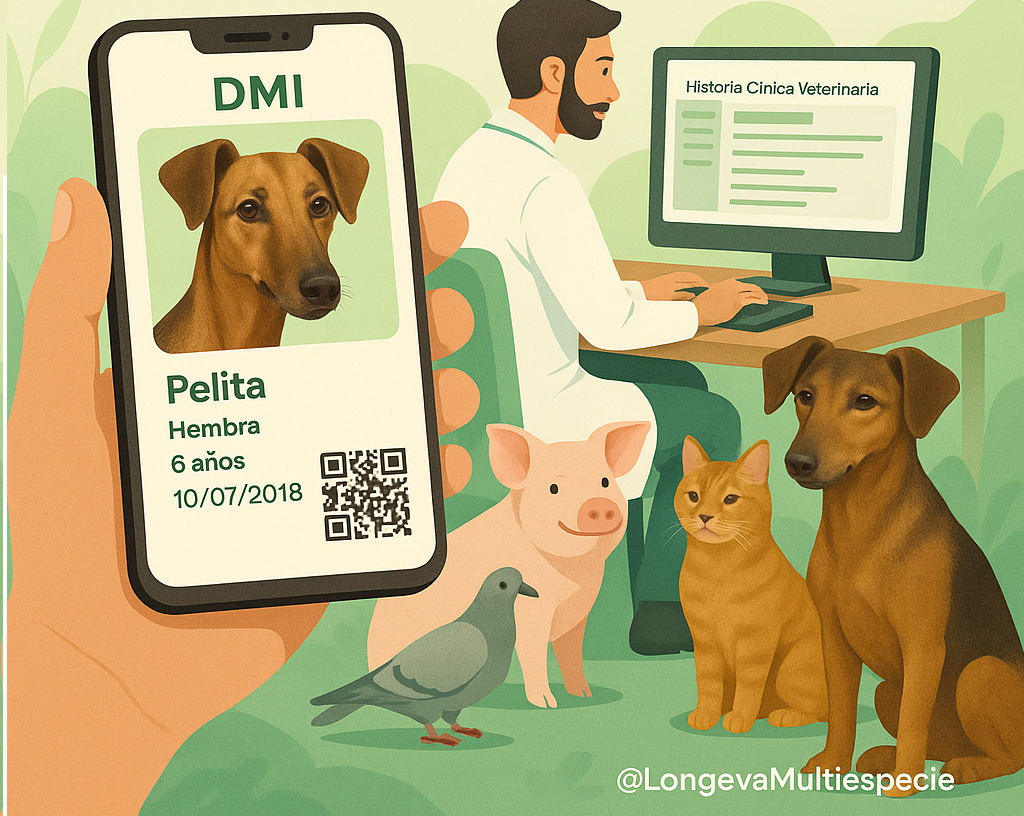 Familia multiespecie junto a un documento de identidad y una historia clínica veterinaria