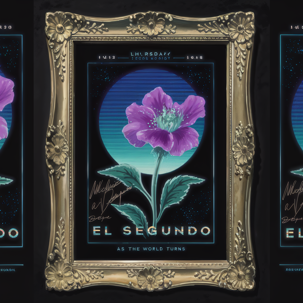 El Segundo Night Scene - Neon Flower with Gold Frame