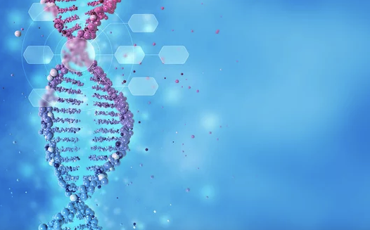 Pink and blue DNA double helix with hexagonal motifs on a cyan background.