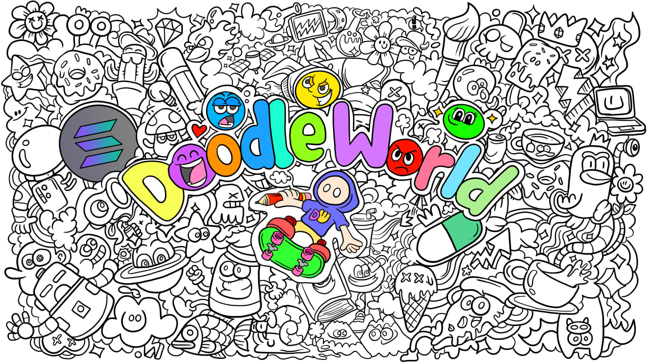 DoodleWorld Banner - A playful doodle art composition featuring cute cartoon characters and colorful text