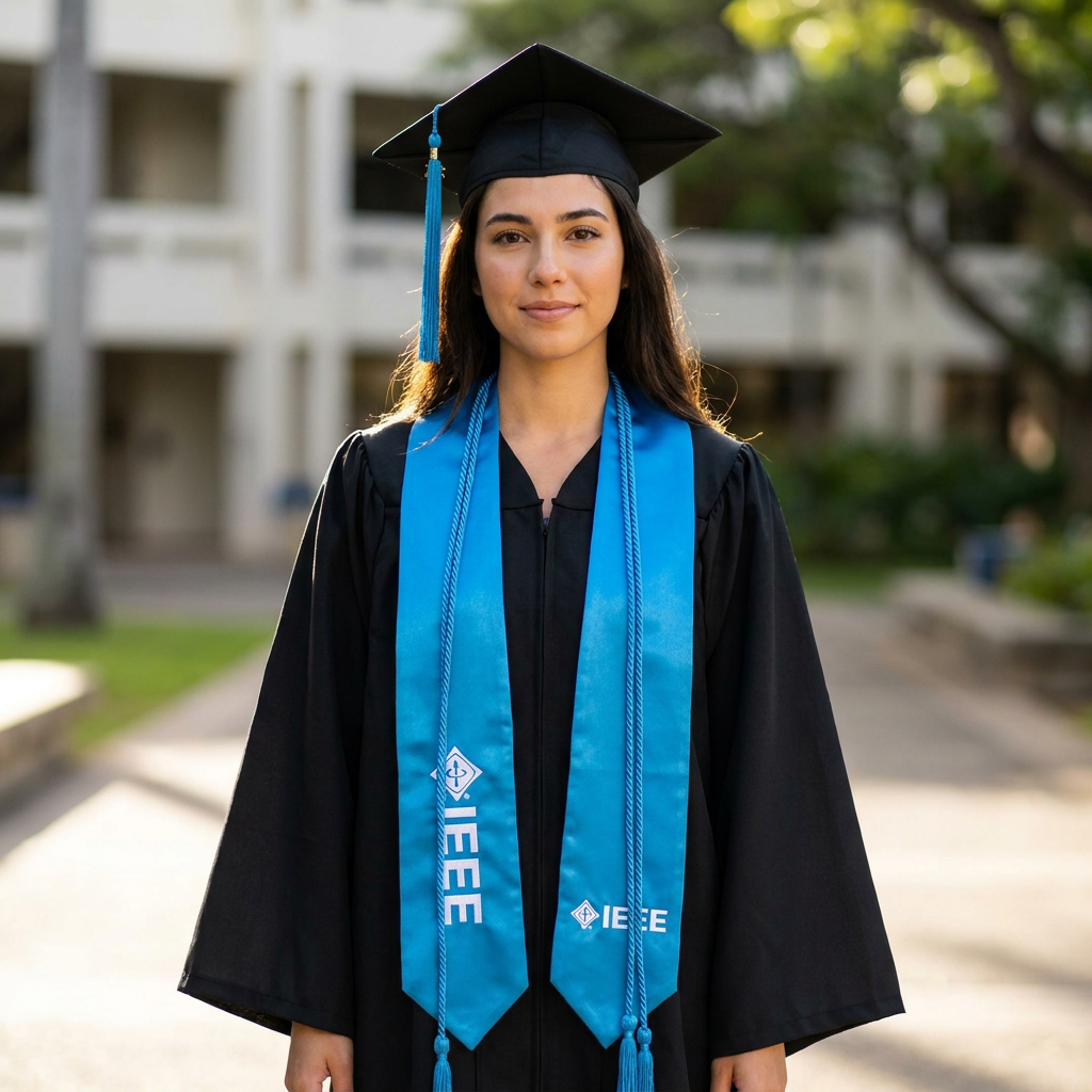 IEEE graduates wearing blue IEEE graduation regalia