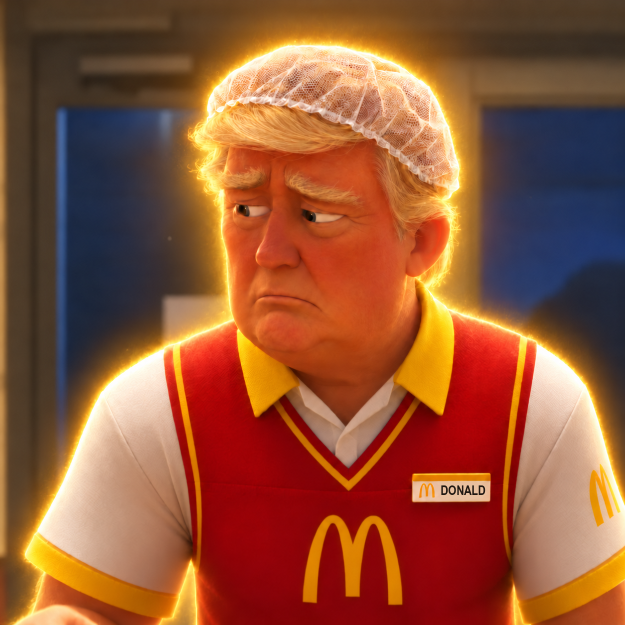 The original Normietrump portrait at his fast-food shift
