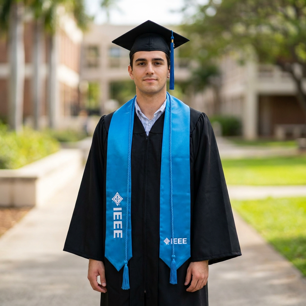 IEEE graduates wearing blue IEEE graduation regalia
