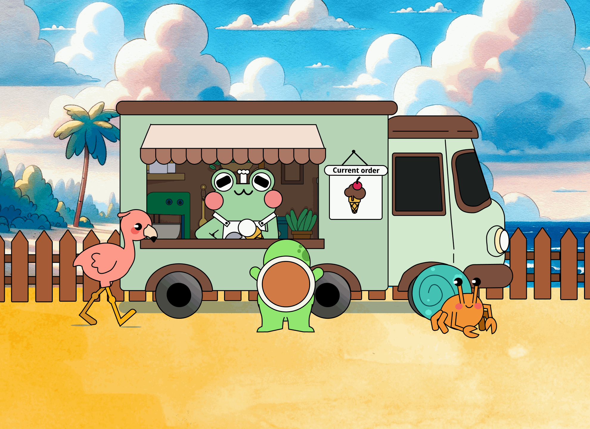 Critter Creamery gameplay - Froggy serving ice cream to animal customers at beach location