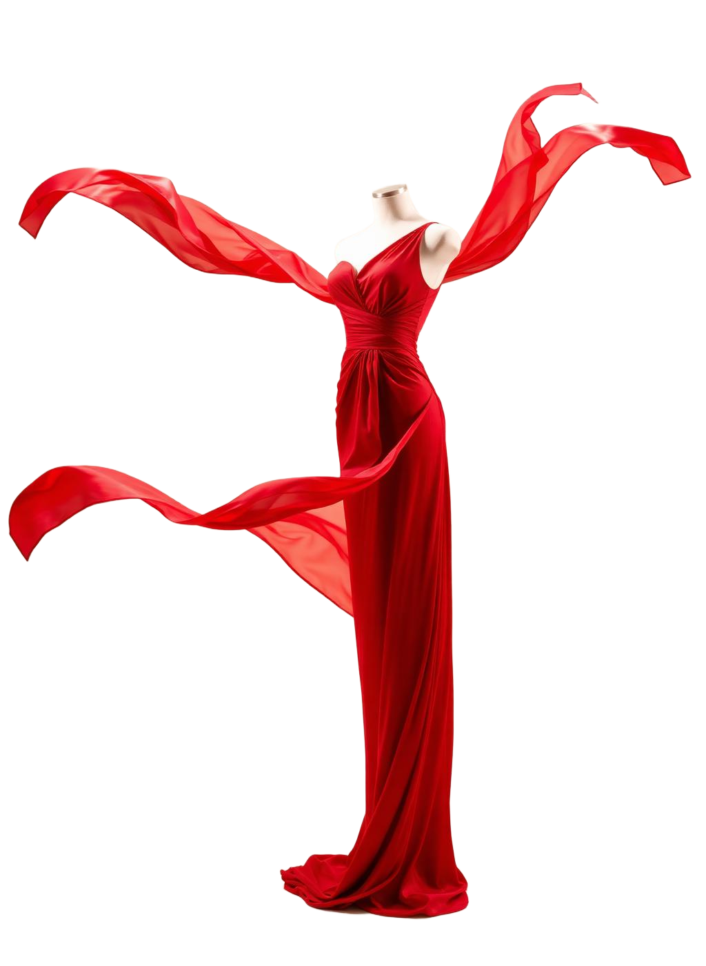 Flowing red evening gown with billowing chiffon fabric on a display form