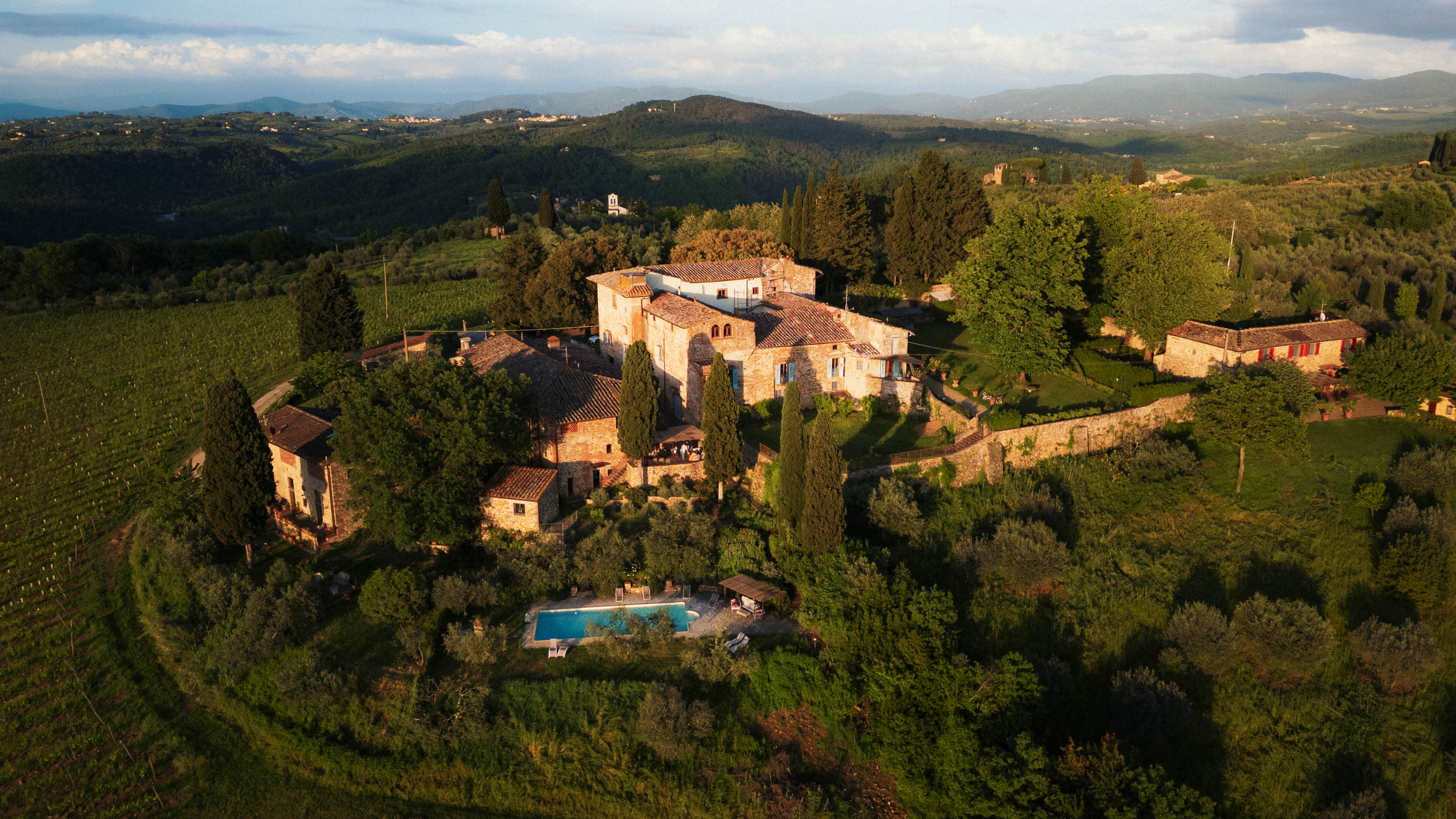 Casavecchia Villas aerial view at sunset