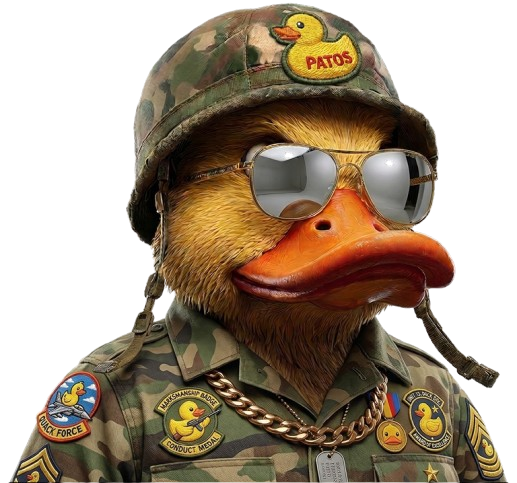 Patos — the military duck mascot wearing a camo helmet with a yellow rubber duck patch, aviator sunglasses, camo uniform with Duck Force patches and a gold chain